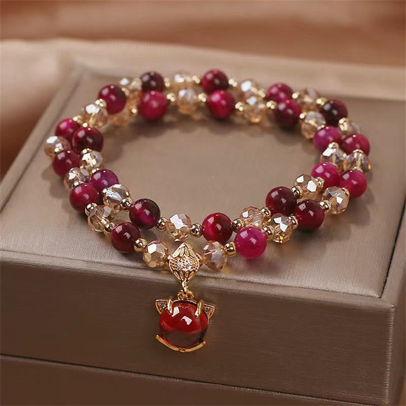 Bracelet double tour de protection œil de tigre rouge et renard Buddha Stones