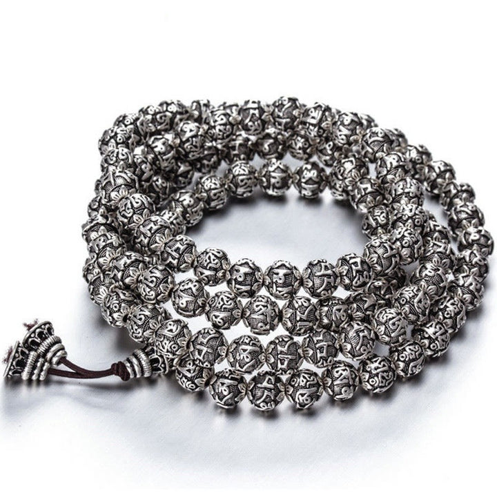 Bracelet amulette en perles en alliage sculptées avec Buddha Stones tibétaines Om Mani Padme Hum