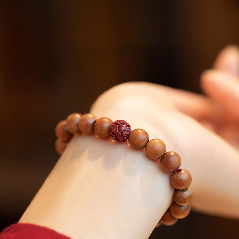Bracelet Buddha Stones Bois de pêche Lotus Cinabre Chance Richesse