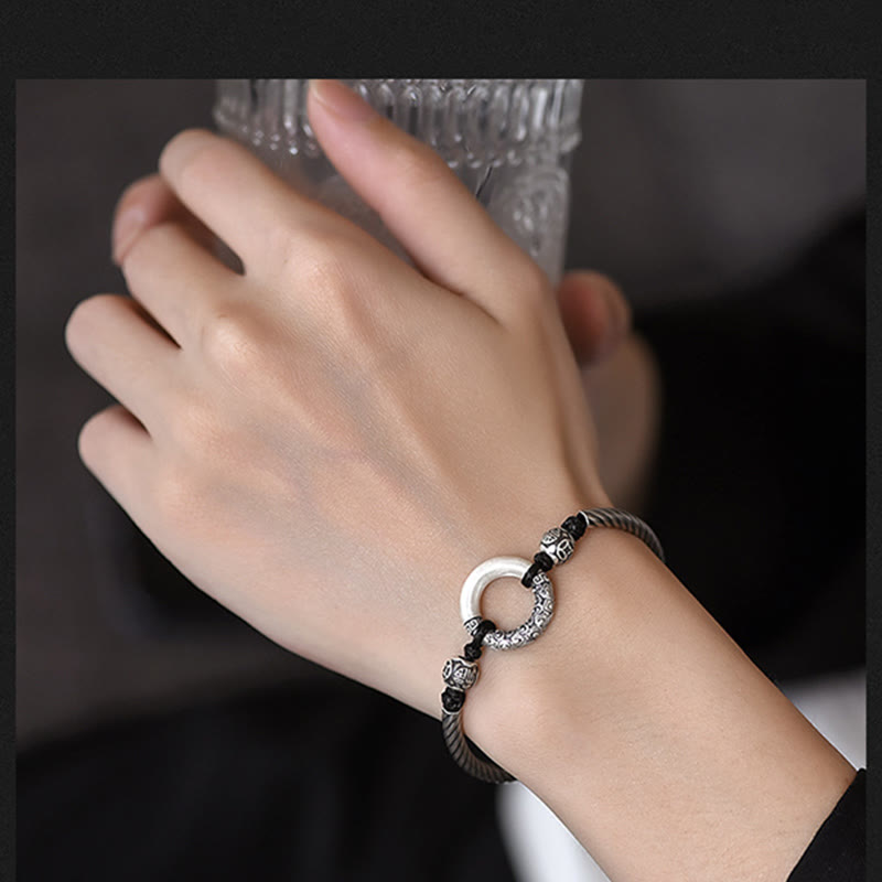 Bracelet de fortune en argent sterling 999 avec boucle de paix et personnage Fu en pièces de cuivre et pierres de Buddha Stones