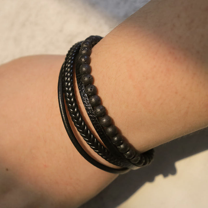 Bracelet en cuir avec perles en pierre de lave naturelle et onyx noir Buddha Stones
