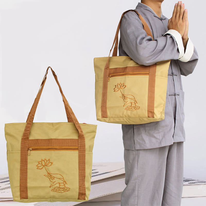 Sac fourre-tout en toile avec motif de broderie Lotus et pratique spirituelle