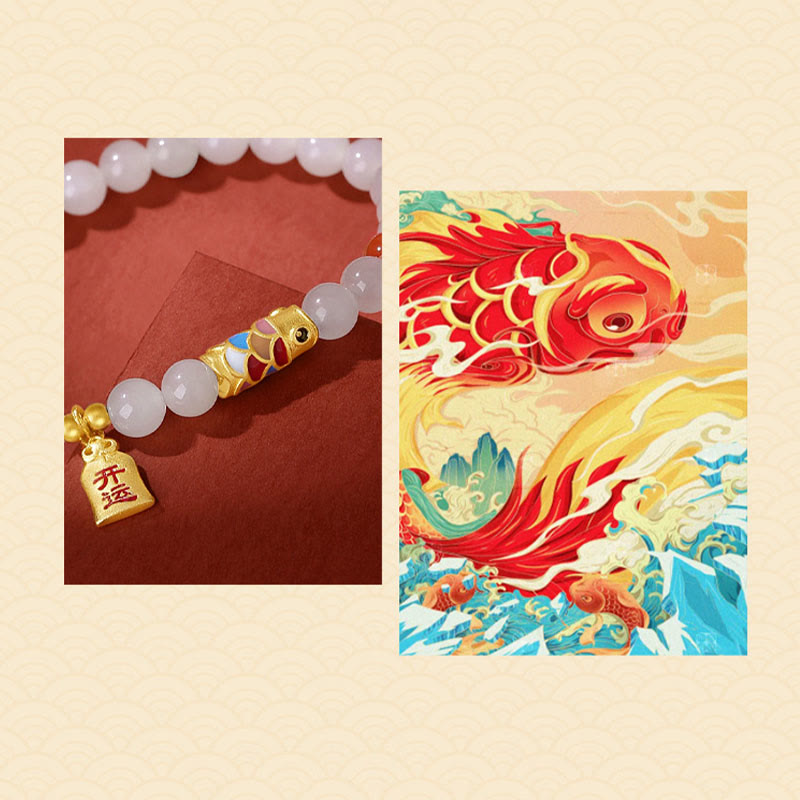 Bracelet porte-bonheur en argent sterling 925 Buddha Stones et jade blanc Hetian, agate rouge, poisson koï