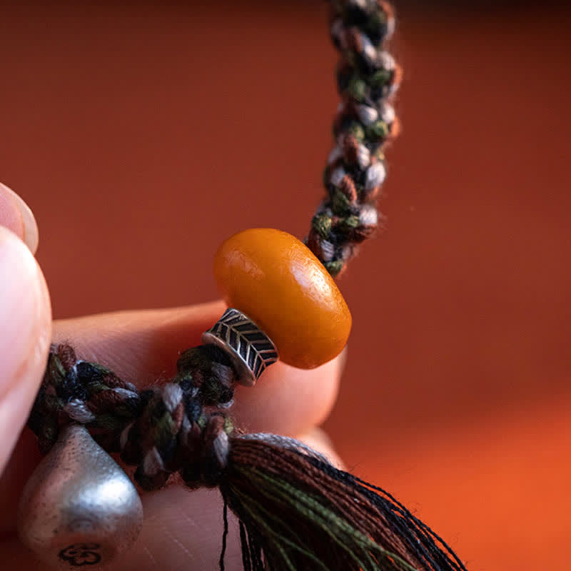 Bracelet de protection des souhaits en argent sterling 990 tibétain fait à la main avec poids en acier et ambre