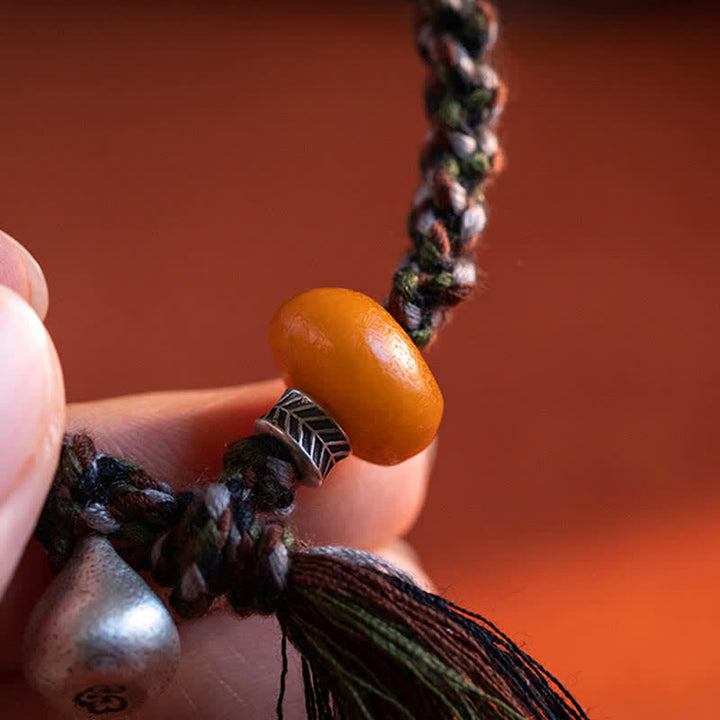 Bracelet de protection des souhaits en argent sterling 990 tibétain fait à la main avec poids en acier et ambre