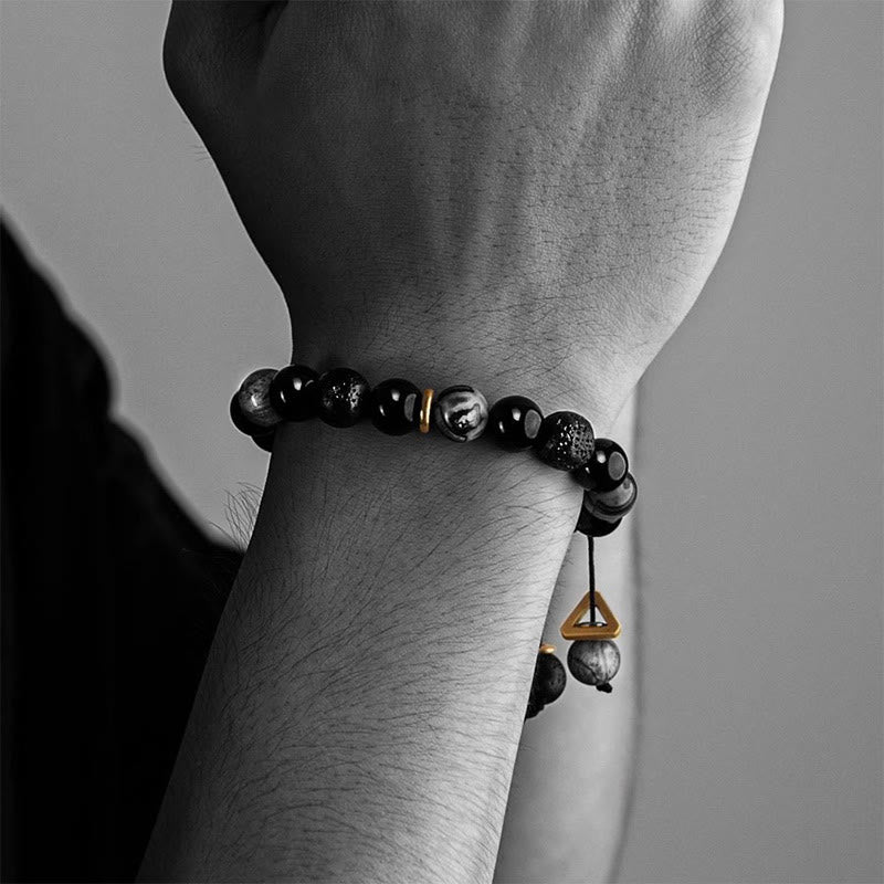 Bracelet de force Yin Yang en pierre de lave en obsidienne noire Buddha Stones