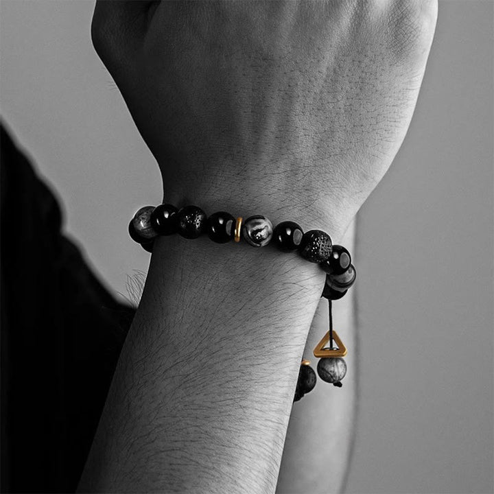 Bracelet de force Yin Yang en pierre de lave en obsidienne noire Buddha Stones