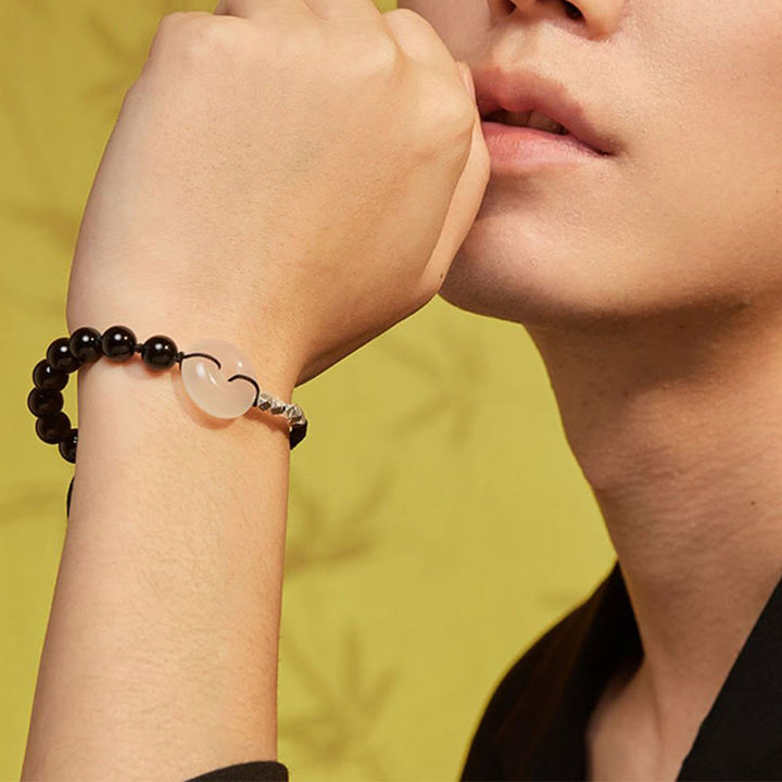 Bracelet de force en argent sterling 925 avec boucle de paix et agate obsidienne noire de Buddha Stones