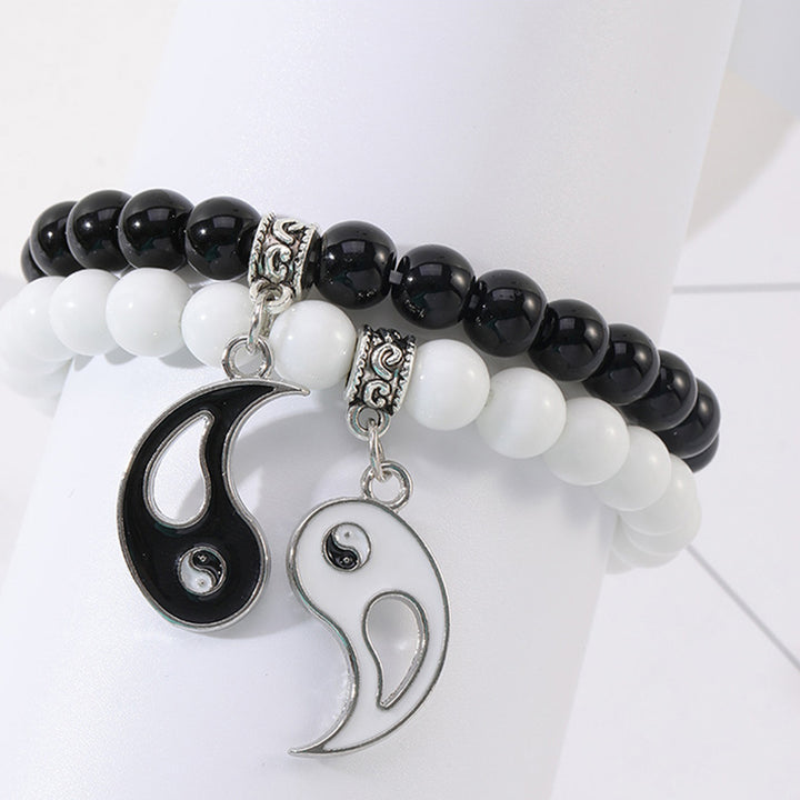 Bracelet de couple Yin Yang en perles de turquoise blanches et onyx noir Buddha Stones 2 pièces