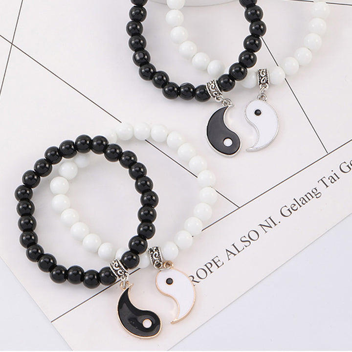 Bracelet de couple Yin Yang en perles de turquoise blanches et onyx noir Buddha Stones 2 pièces