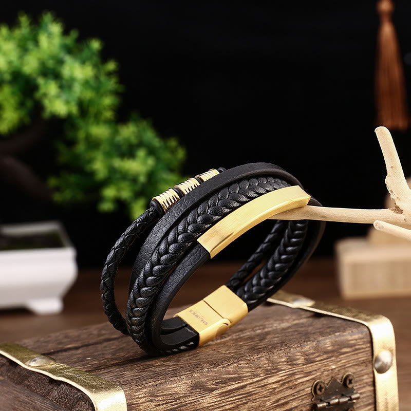 Bracelet en cuir multicouches avec boucle magnétique tressée en acier titane et Buddha Stones