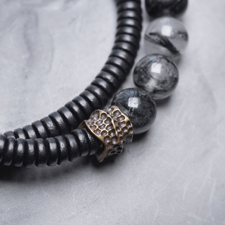 Bracelet couple sagesse en cuivre et bois d'ébène Buddha Stones et quartz rutile noir