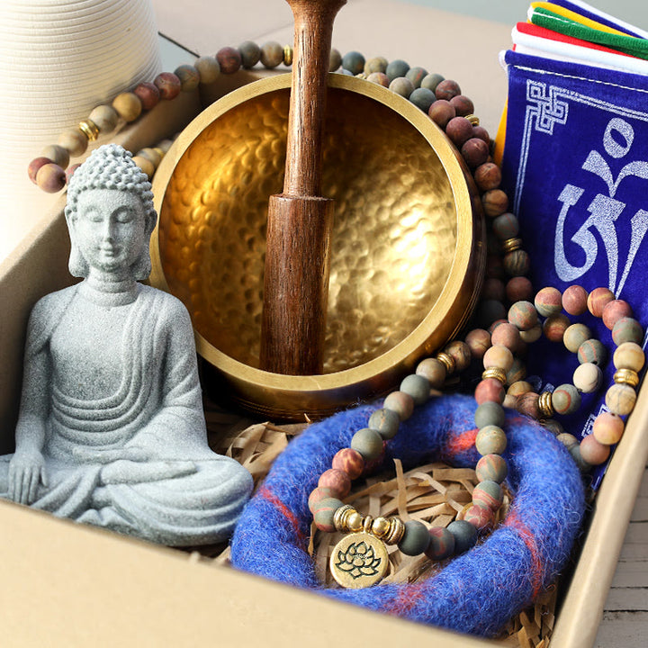 Coffret cadeau de guérison et de méditation tibétaine en pierre de Bouddha