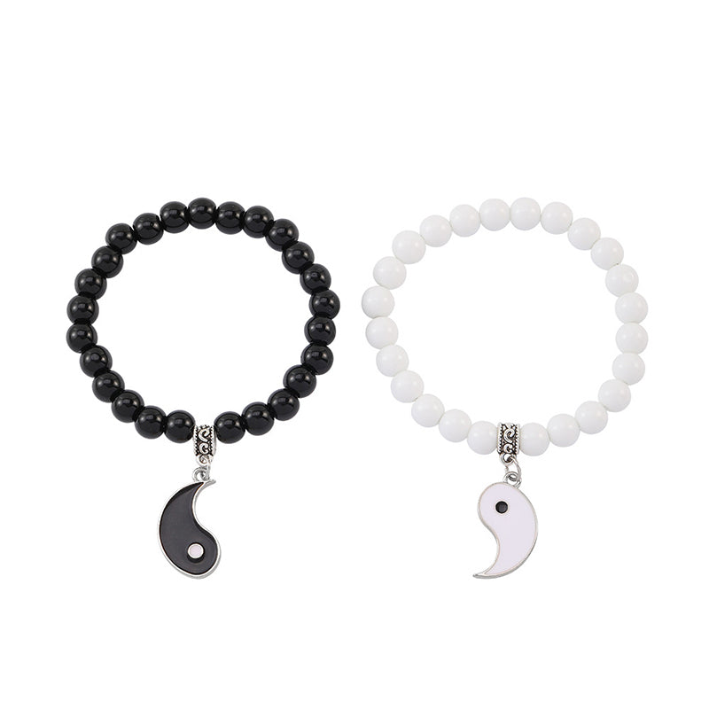 Bracelet de couple Yin Yang en perles de turquoise blanches et onyx noir Buddha Stones 2 pièces