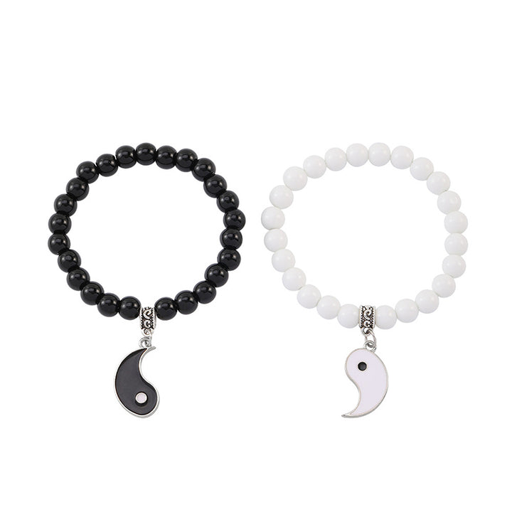 Bracelet de couple Yin Yang en perles de turquoise blanches et onyx noir Buddha Stones 2 pièces