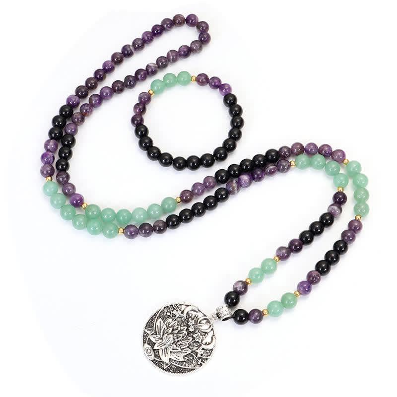 Bracelet de méditation Lotus en aventurine verte et améthyste avec 108 perles de Mala Buddha Stones