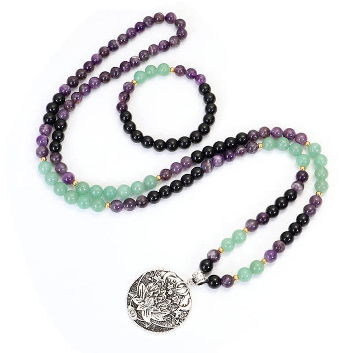Bracelet de méditation Lotus en aventurine verte et améthyste avec 108 perles de Mala Buddha Stones
