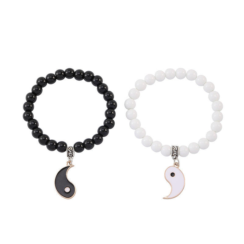 Bracelet de couple Yin Yang en perles de turquoise blanches et onyx noir Buddha Stones 2 pièces