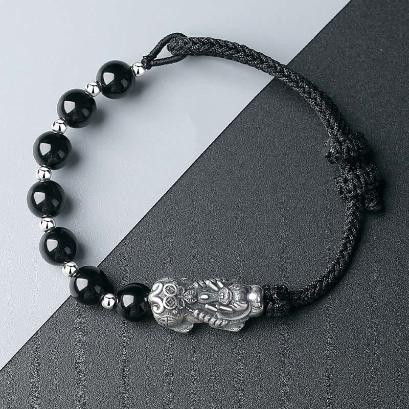 Bracelet de force en argent sterling 925 avec perles d'obsidienne noire naturelle FengShui PiXiu en argent sterling 999 et Buddha Stones