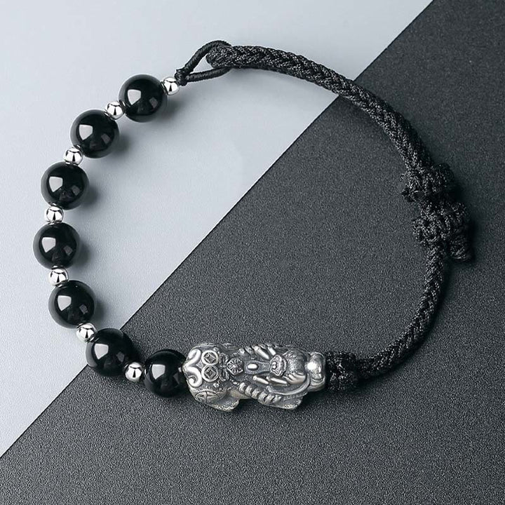 Bracelet de force en argent sterling 925 avec perles d'obsidienne noire naturelle FengShui PiXiu en argent sterling 999 et Buddha Stones