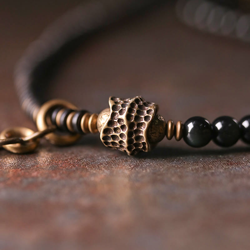 Bracelet multicouche positif en cuivre et bois d'ébène avec Buddha Stones arc-en-ciel obsidienne