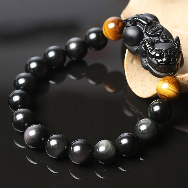 Bracelet de richesse en obsidienne arc-en-ciel œil de tigre FengShui PiXiu Buddha Stones