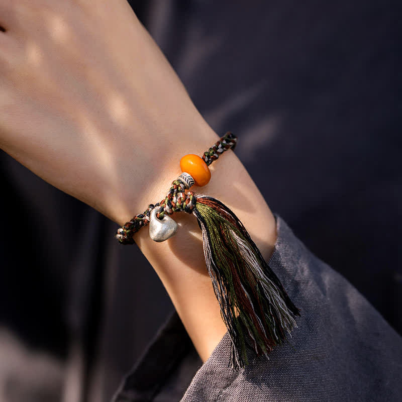 Bracelet de protection des souhaits en argent sterling 990 tibétain fait à la main avec poids en acier et ambre