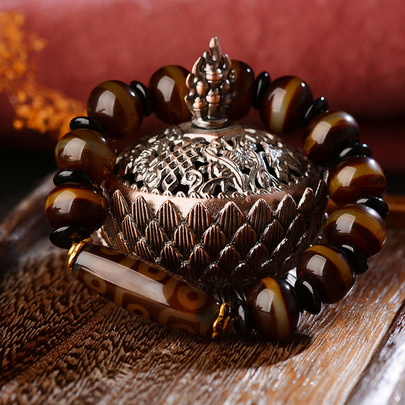 Bracelet tibétain en agate naturelle à neuf yeux avec perles dzi et Buddha Stones