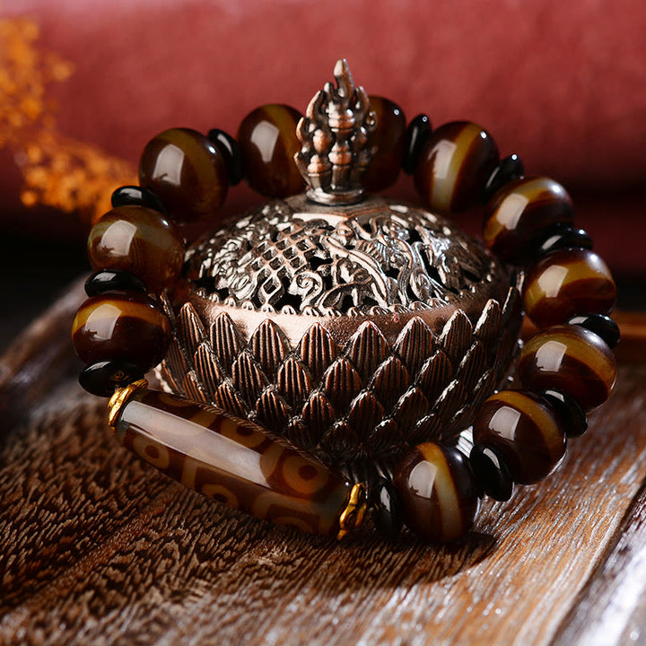 Bracelet tibétain en agate naturelle à neuf yeux avec perles dzi et Buddha Stones