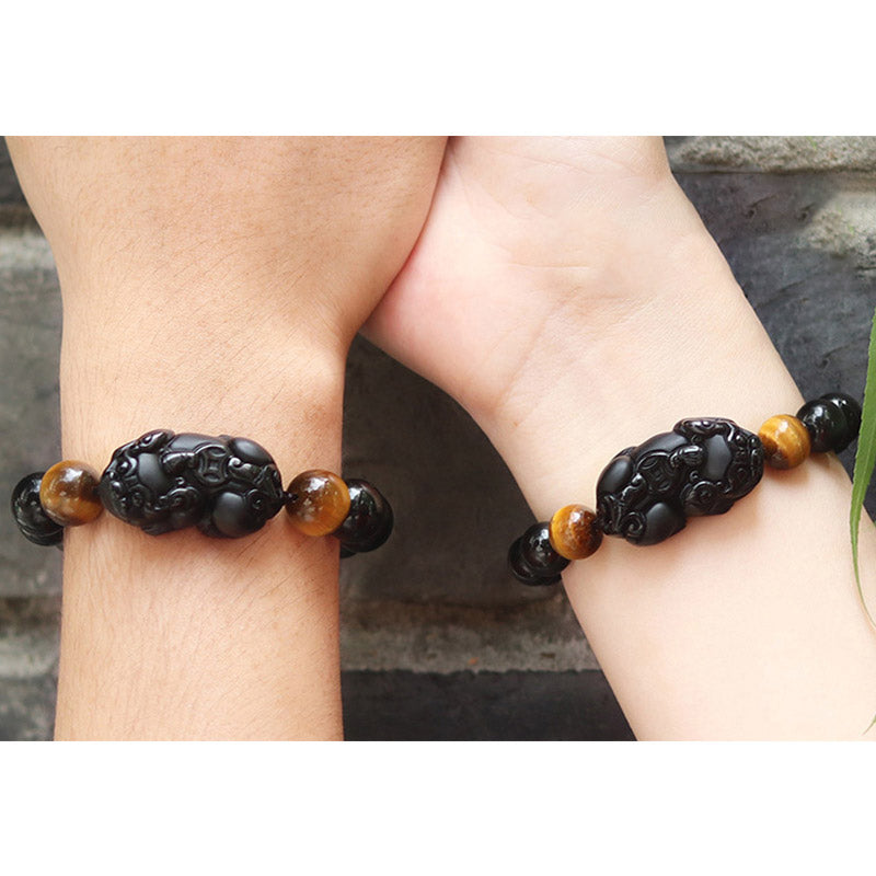 Bracelet de richesse en obsidienne arc-en-ciel œil de tigre FengShui PiXiu Buddha Stones