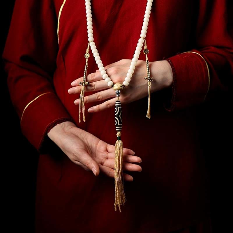 Bracelet de richesse en agate grise avec 108 perles de Mala en Buddha Stones du Tibet, graines de Bodhi, Bagua, Vajra, Dzi