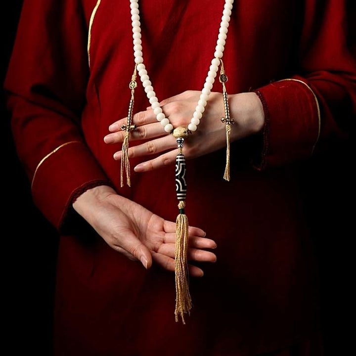 Bracelet de richesse en agate grise avec 108 perles de Mala en Buddha Stones du Tibet, graines de Bodhi, Bagua, Vajra, Dzi