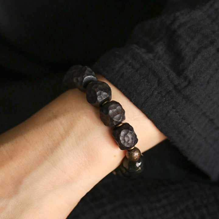 Bracelet couple force cuivre pierres de Buddha Stones obsidienne noire bois d'ébène