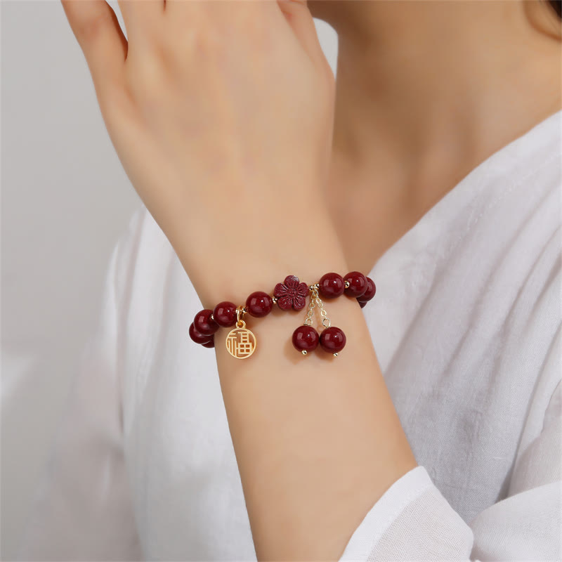 Bracelet de bénédiction en fleurs de cerisier avec personnage Fu et Buddha Stones en cinabre