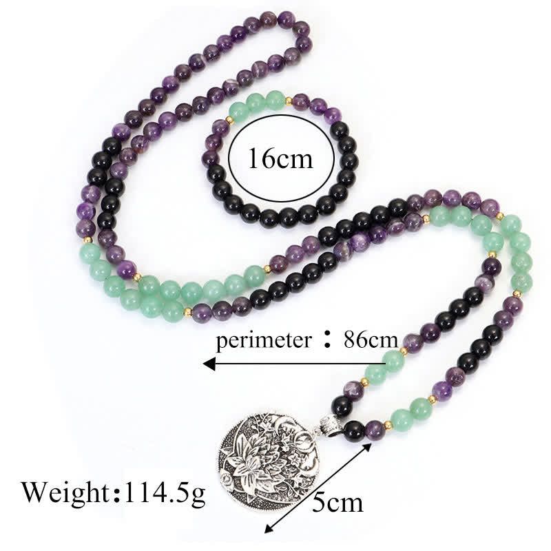 Bracelet de méditation Lotus en aventurine verte et améthyste avec 108 perles de Mala Buddha Stones