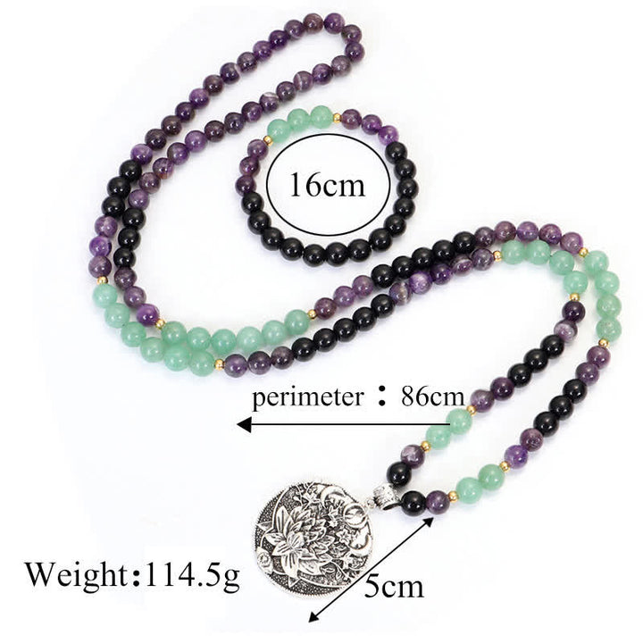 Bracelet de méditation Lotus en aventurine verte et améthyste avec 108 perles de Mala Buddha Stones