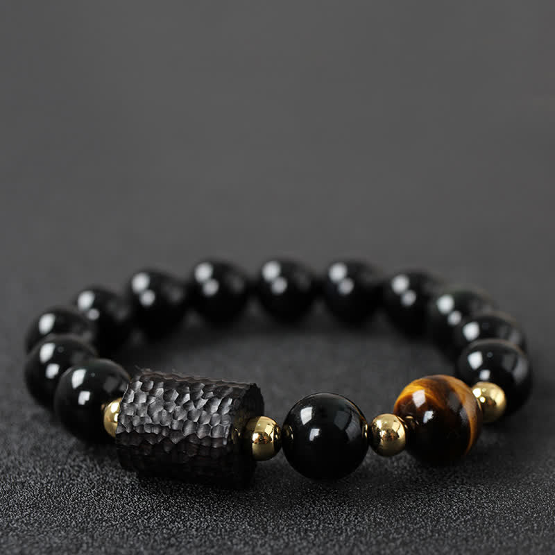 Bracelet de couple en obsidienne noire et bois d'ébène avec œil de tigre rouge