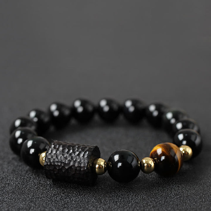 Bracelet de couple en obsidienne noire et bois d'ébène avec œil de tigre rouge