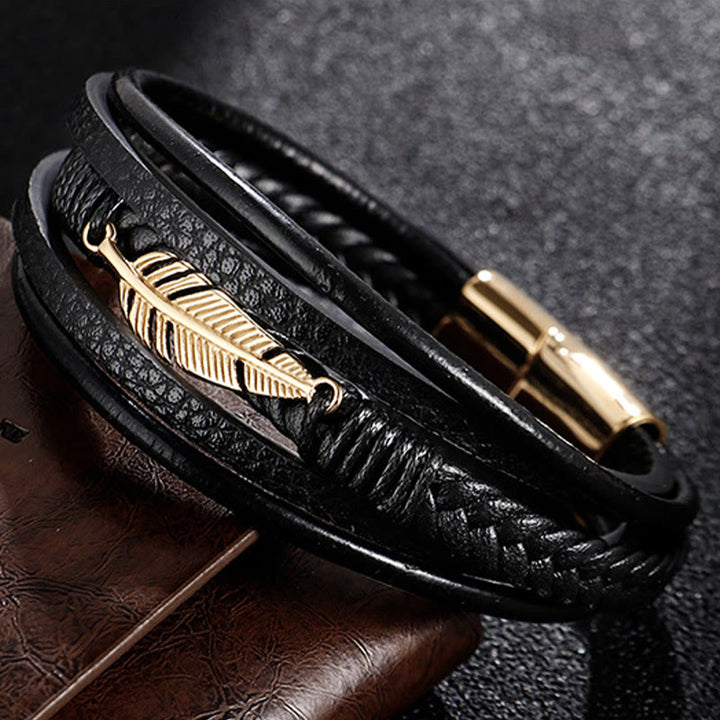 Bracelet à boucle magnétique tressée en cuir multicouche et acier titane avec motif de Buddha Stones