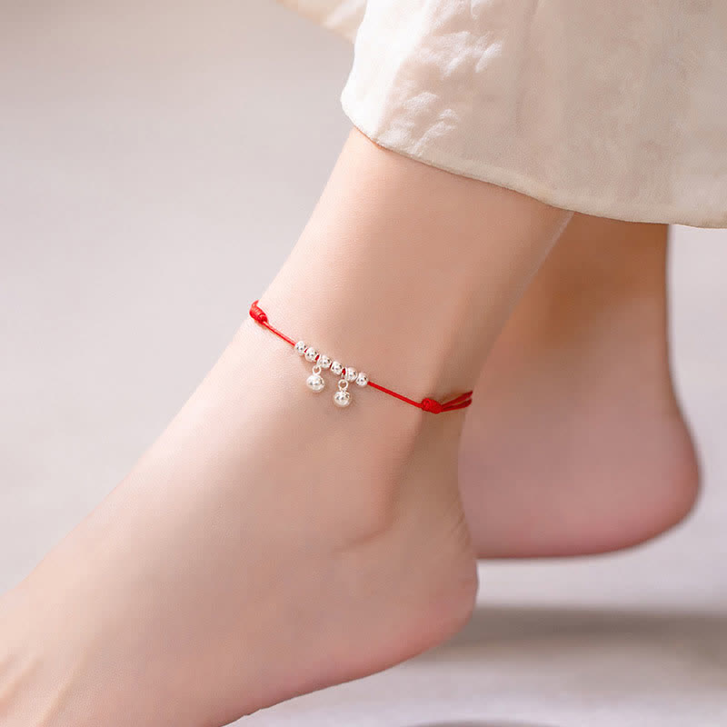 Bracelet de cheville en argent sterling 925 avec breloque en forme de cloche tressée rouge et Buddha Stones