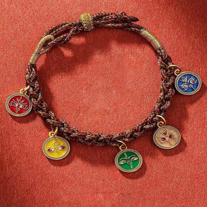 Bracelet Thangka Tibétain en Cordon Tressé Chanceux avec Cinq Dieux de la Richesse