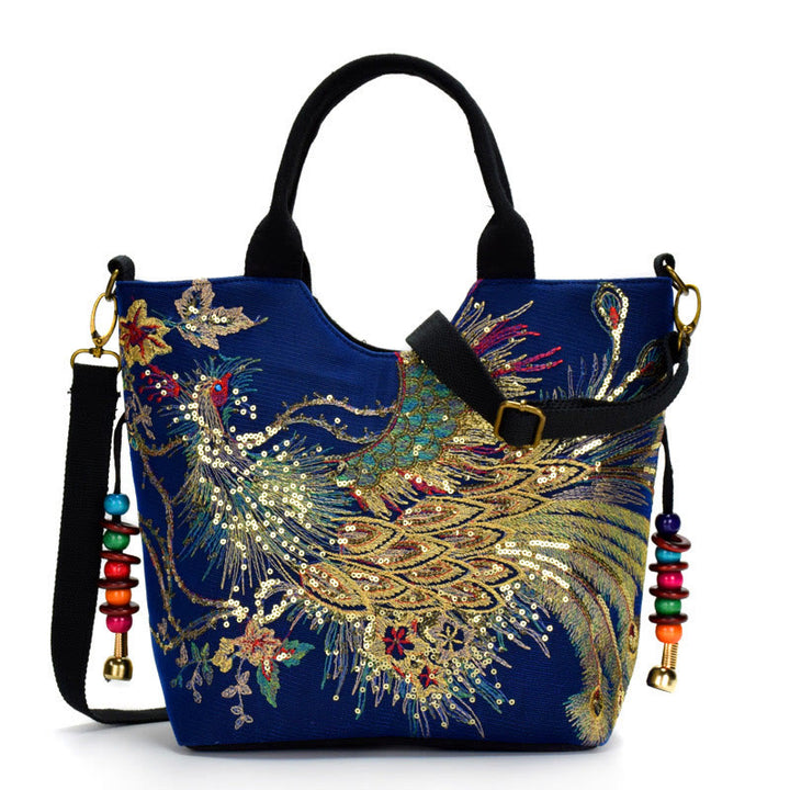 Sac fourre-tout brodé recto verso Buddha Stones Peacock Sac à bandoulière Sac à bandoulière