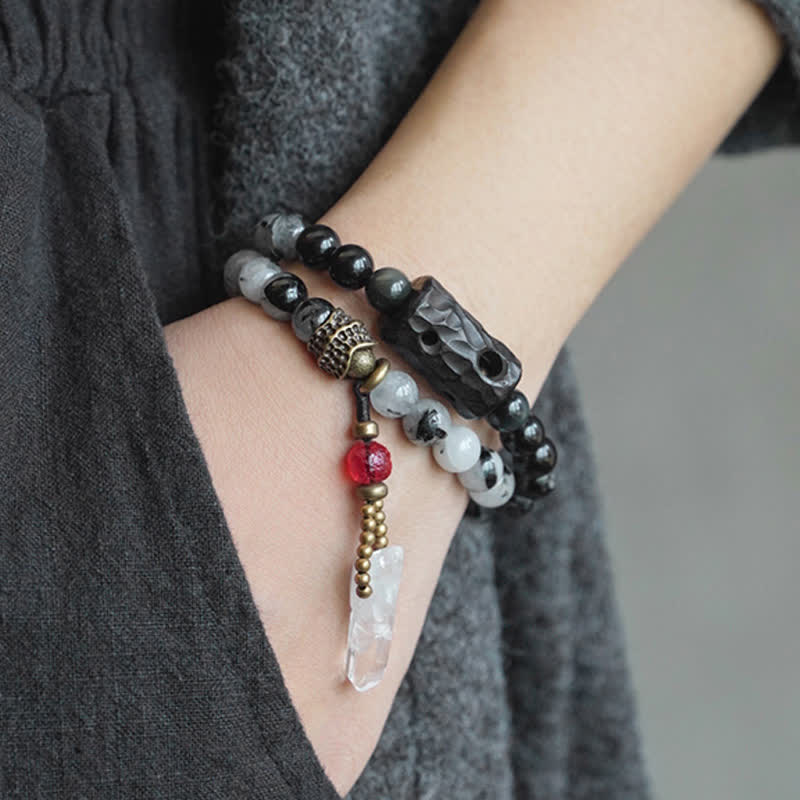 Bracelet Couple Succès en Bois d'Ébène et Quartz Rutile Noir et Cristal Blanc