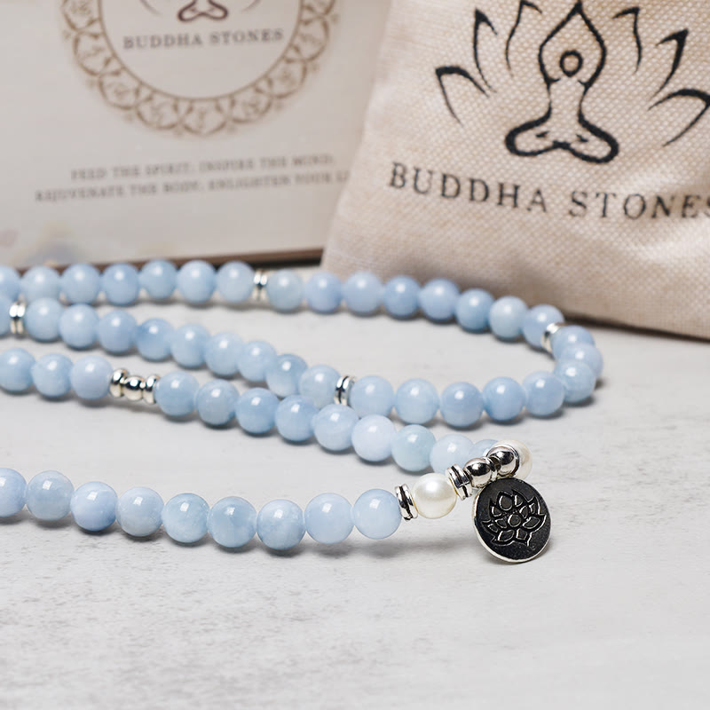 Bracelet de guérison en aigue-marine avec 108 perles Mala Buddha Stones