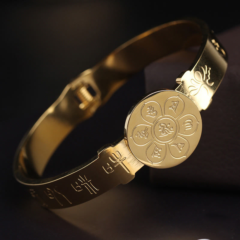 Bracelet jonc en acier titane Buddha Stones Yin Yang Lotus Om Mani Padme Hum Mantra Harmony
