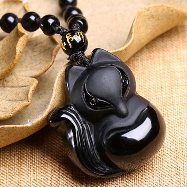 Buddha Stones Collier Amulette pendentif Renard en Obsidienne noire naturelle Oeil de tigre Obsidienne glacée