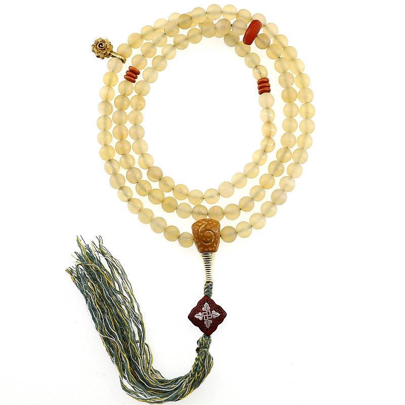 Bracelet porte-bonheur en ambre avec 108 Buddha Stones de Mala en corne de mouton du Tibet