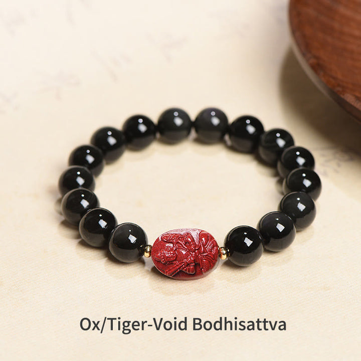Bracelet de purification en obsidienne noire naturelle et cinabre avec Buddha Stones et zodiaque chinois