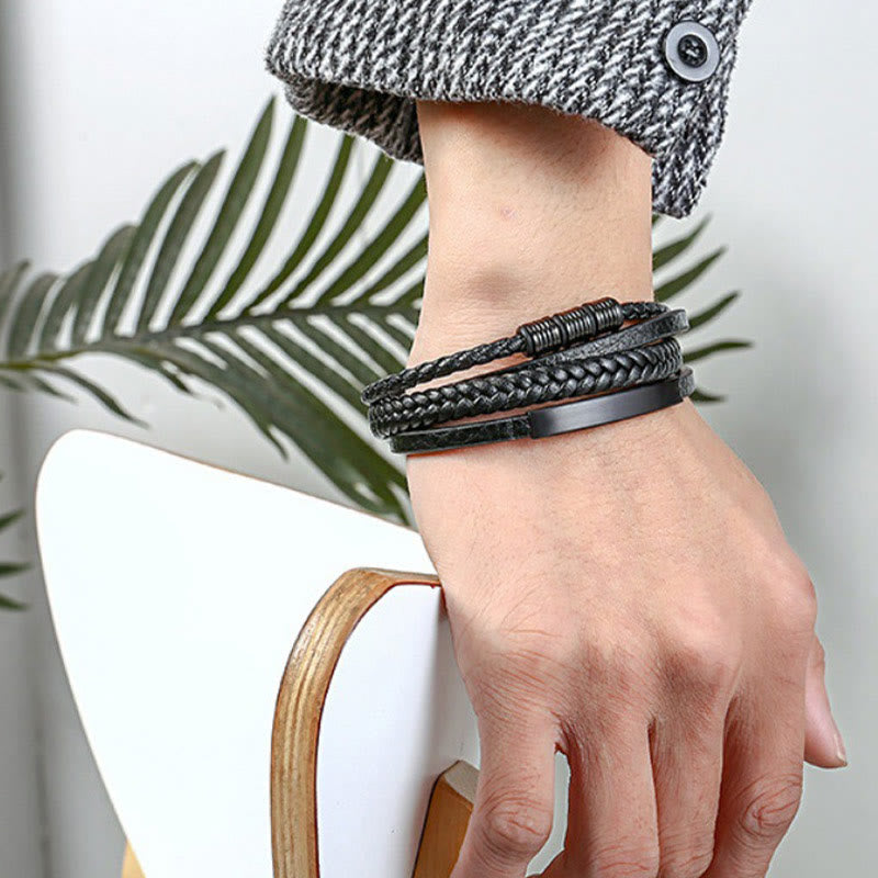 Bracelet en cuir multicouches avec boucle magnétique tressée en acier titane et Buddha Stones