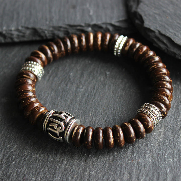 Bracelet Buddha Stones en coquille de noix de coco tibétaine naturelle Om Mani Padme Hum positif